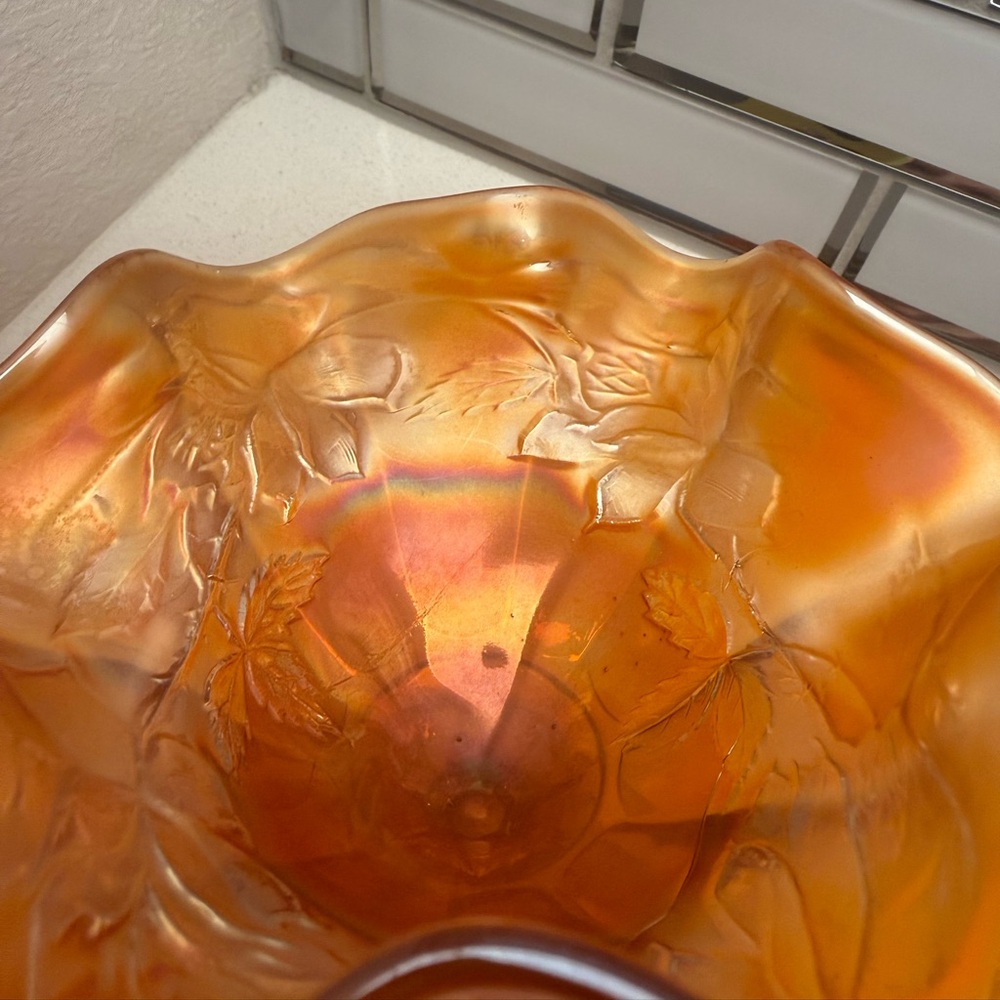 Vintage Carnival Glass Marigold Ruffled Edges Footed Bowl Iridescent Floral - Picture 7 of 17